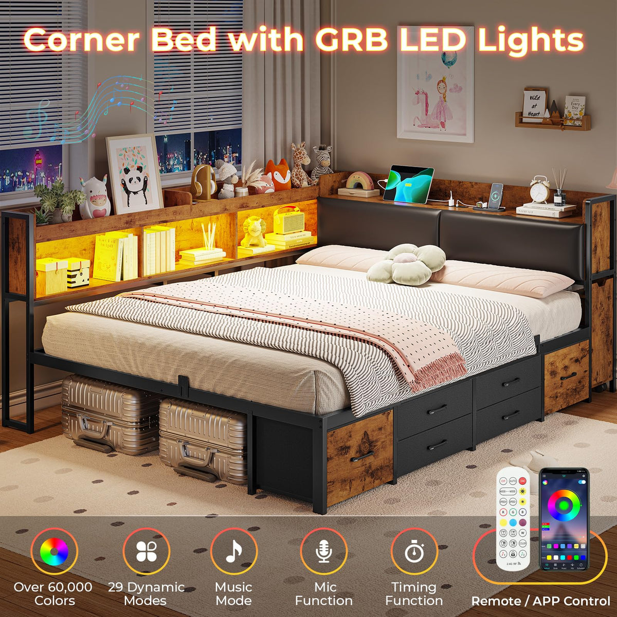 14 Inch Full Size Metal Platform Bed with 6 Drawers N930956