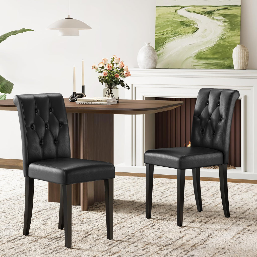 Upholstered Dining Chairs Set of 4 Tufted Wood Legs Jet Black A2748