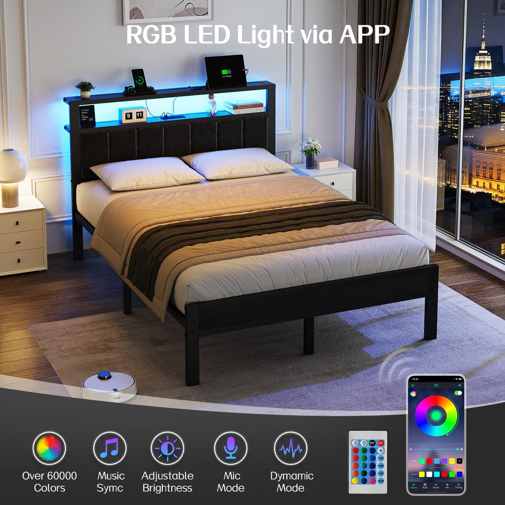 Full Size Bed Frame with LED Lights & Charging Station N686783