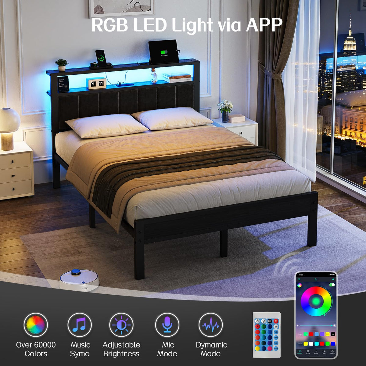 Full Size Bed Frame with LED Lights & Charging Station N686783