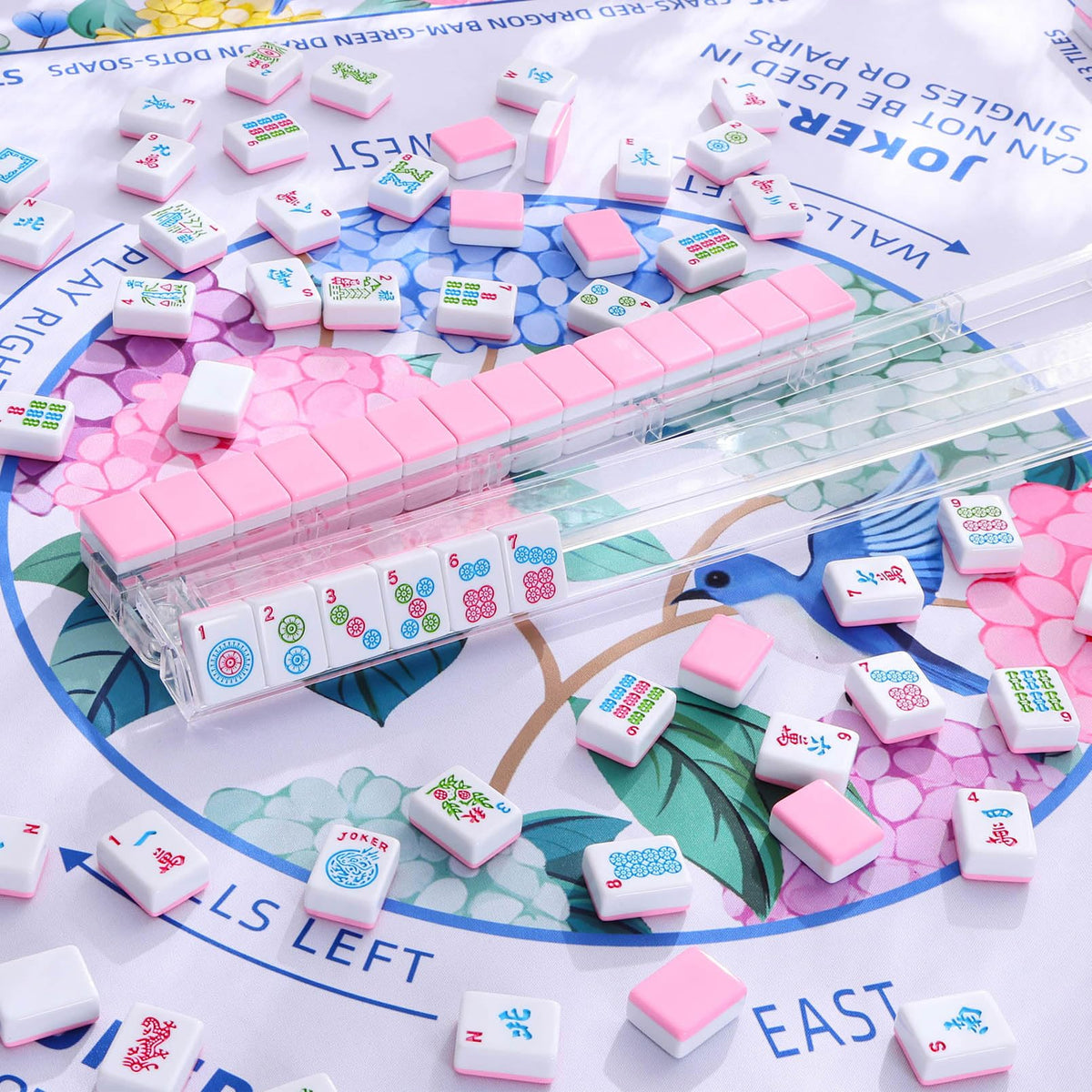 166 Pink Tiles Mahjong Set with 4 Clear Racks and Bag S77048