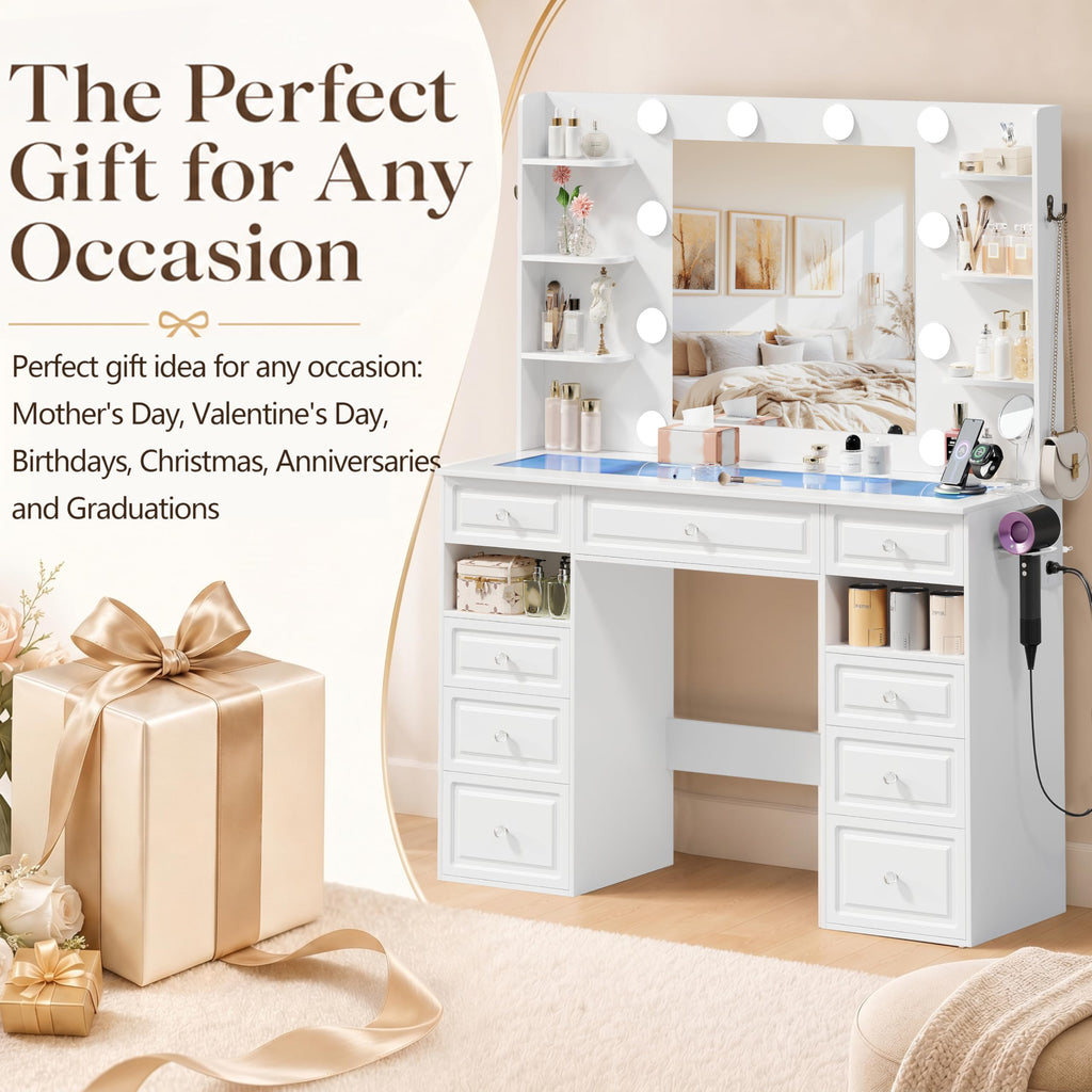 White Vanity Desk with Mirror and 10 LED Lights F98900