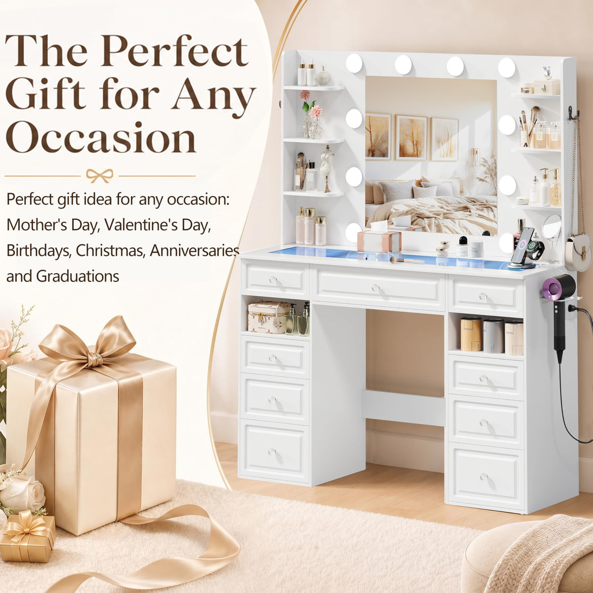 White Vanity Desk with Mirror and 10 LED Lights F98900