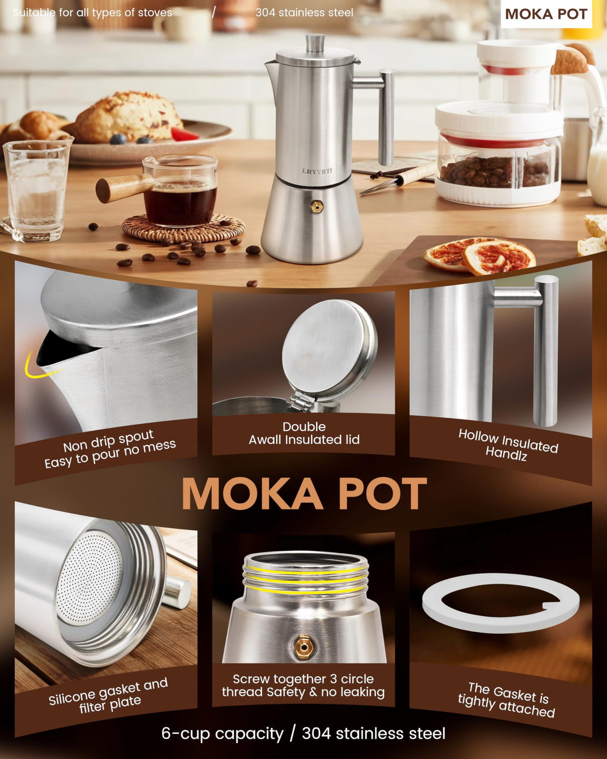 6 Cup Stainless Steel Stovetop Moka Pot B579