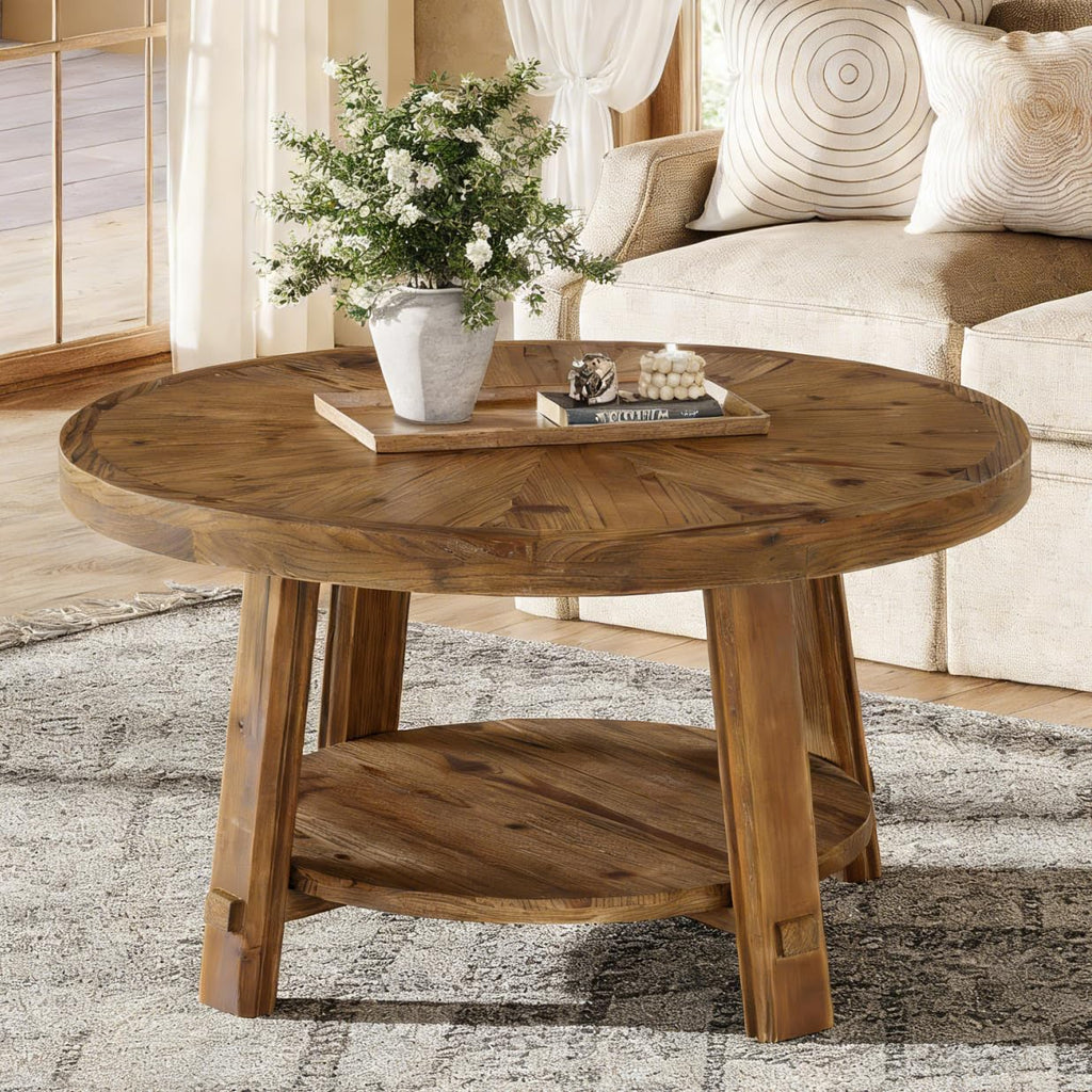 Solid Wood 2-Tier Round Coffee Table with Storage L94664