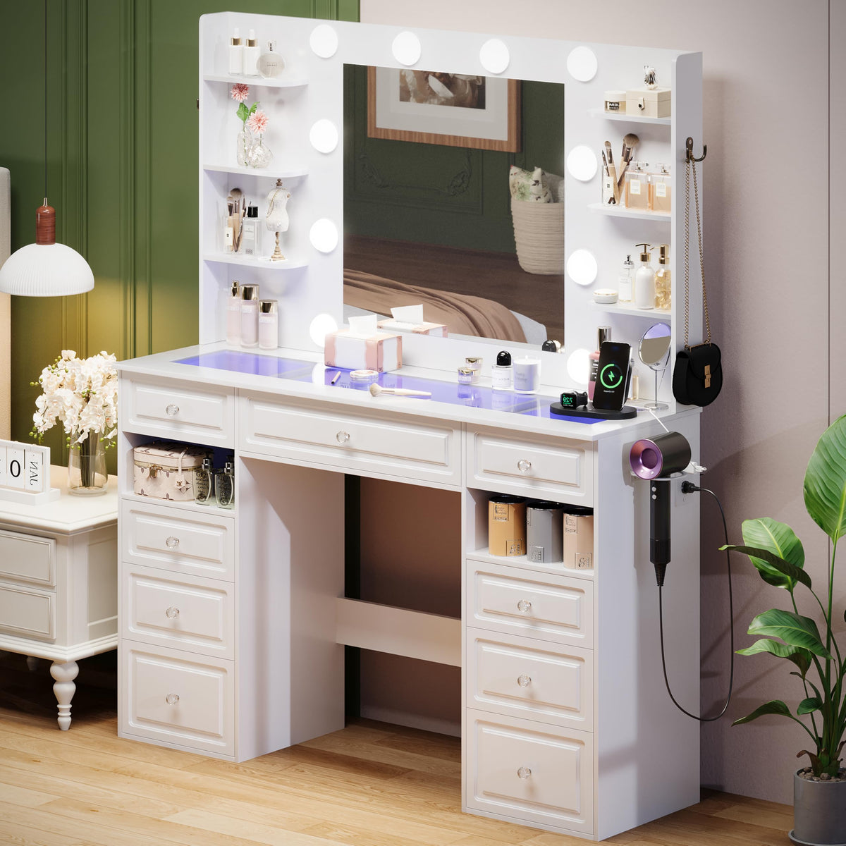 White Vanity Desk with Mirror and 10 LED Lights F98900
