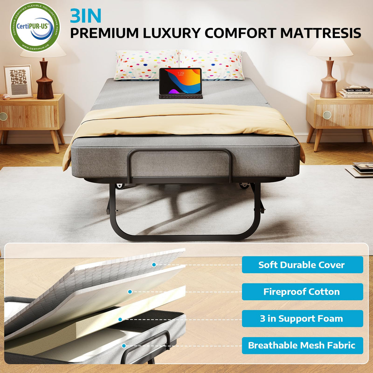 Folding Bed with Mattress on Wheels R40661