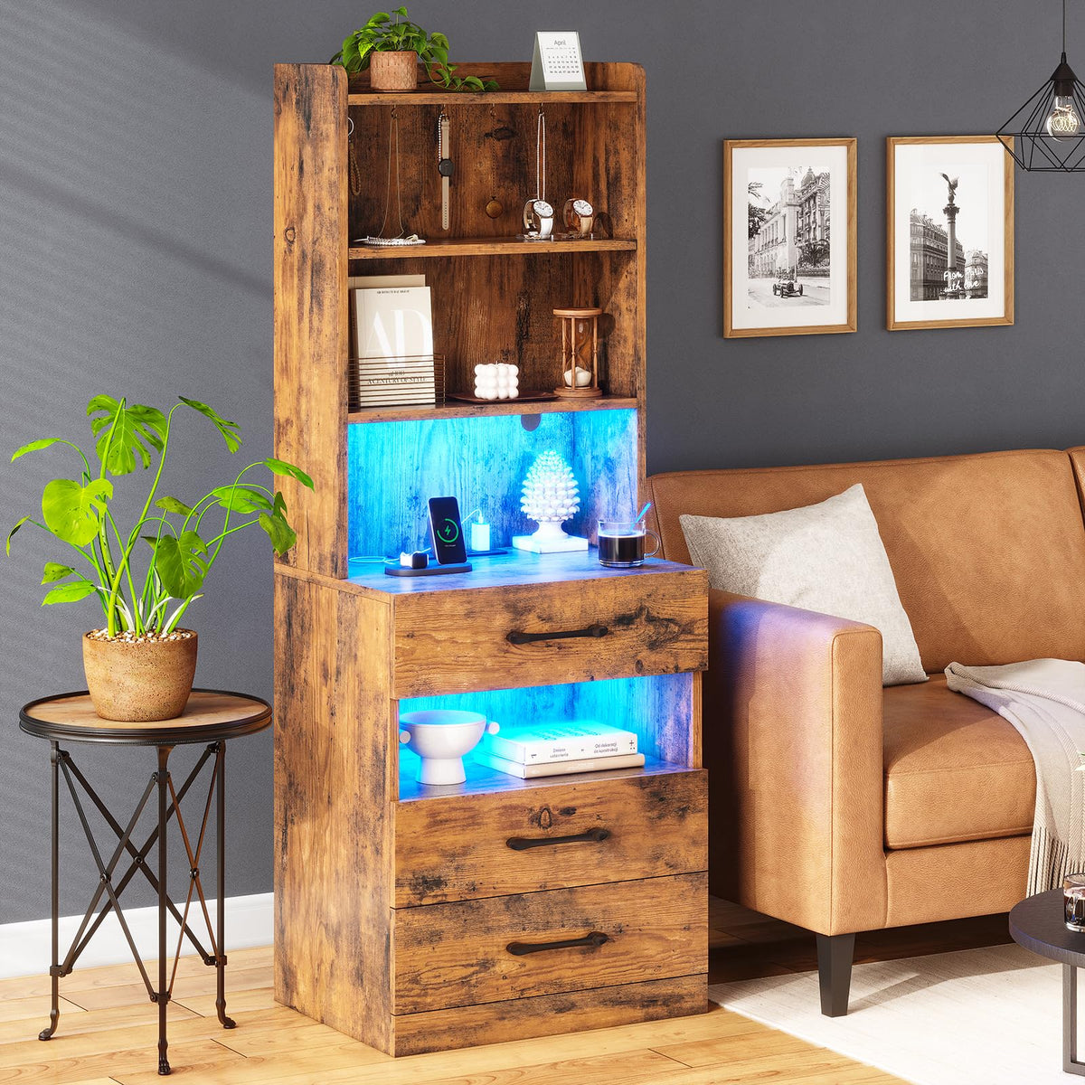 Tall Nightstand with Charging Station and LED Lights, 3 Drawers, Bookshelf H8146