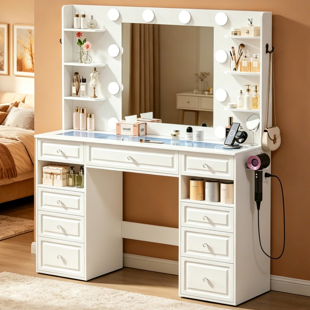 White Vanity Desk with Mirror and 10 LED Lights F98900