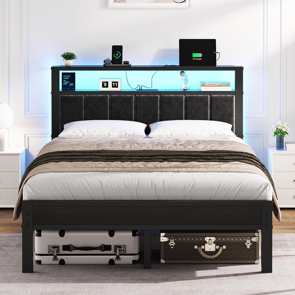 Full Size Bed Frame with LED Lights & Charging Station N686783