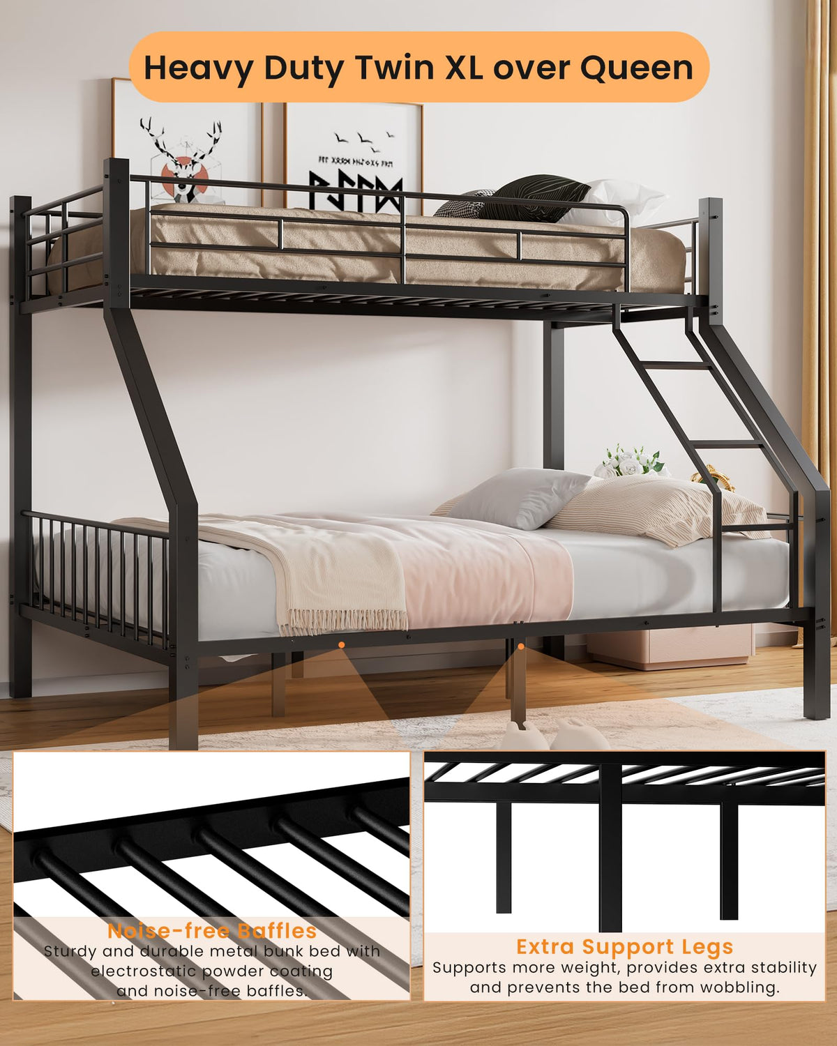 Twin XL Over Queen Bunk Bed with Ladder and Guardrails I404