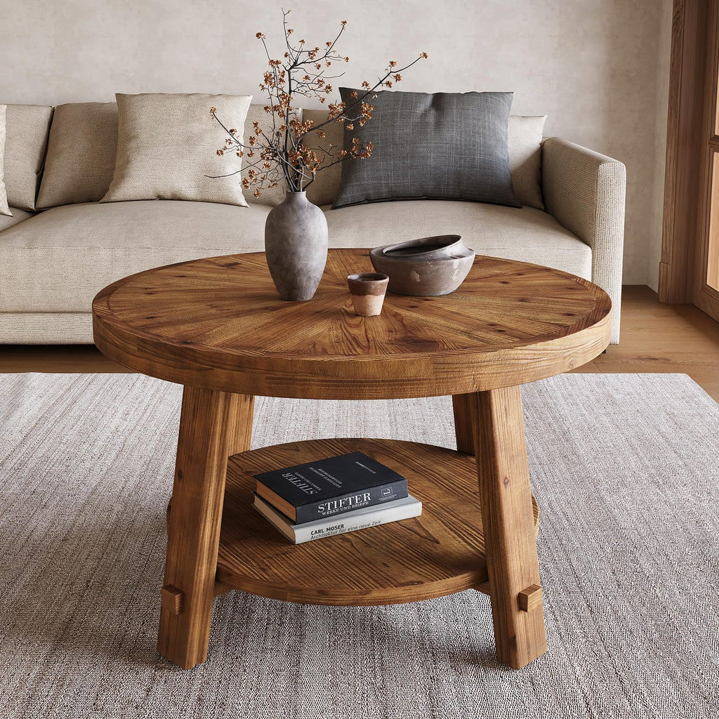 Solid Wood 2-Tier Round Coffee Table with Storage L94664