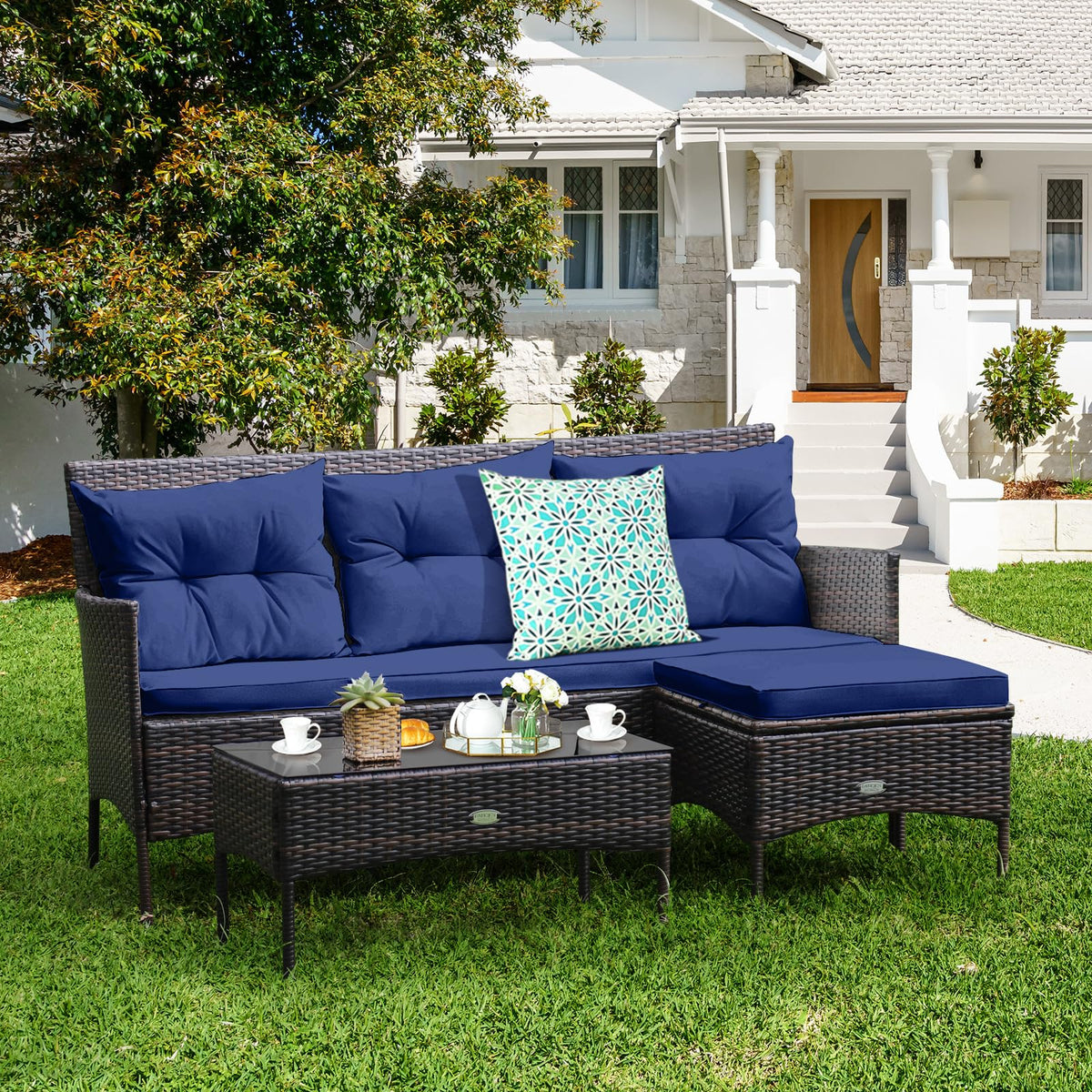 3 Pieces PE Rattan Wicker Patio Conversation Set with Cushions B223