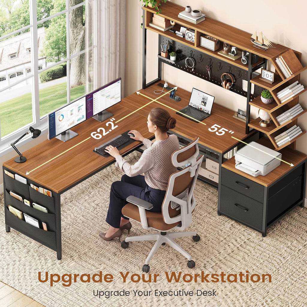 L Shaped Office Desk with Drawers and Hutch L3819