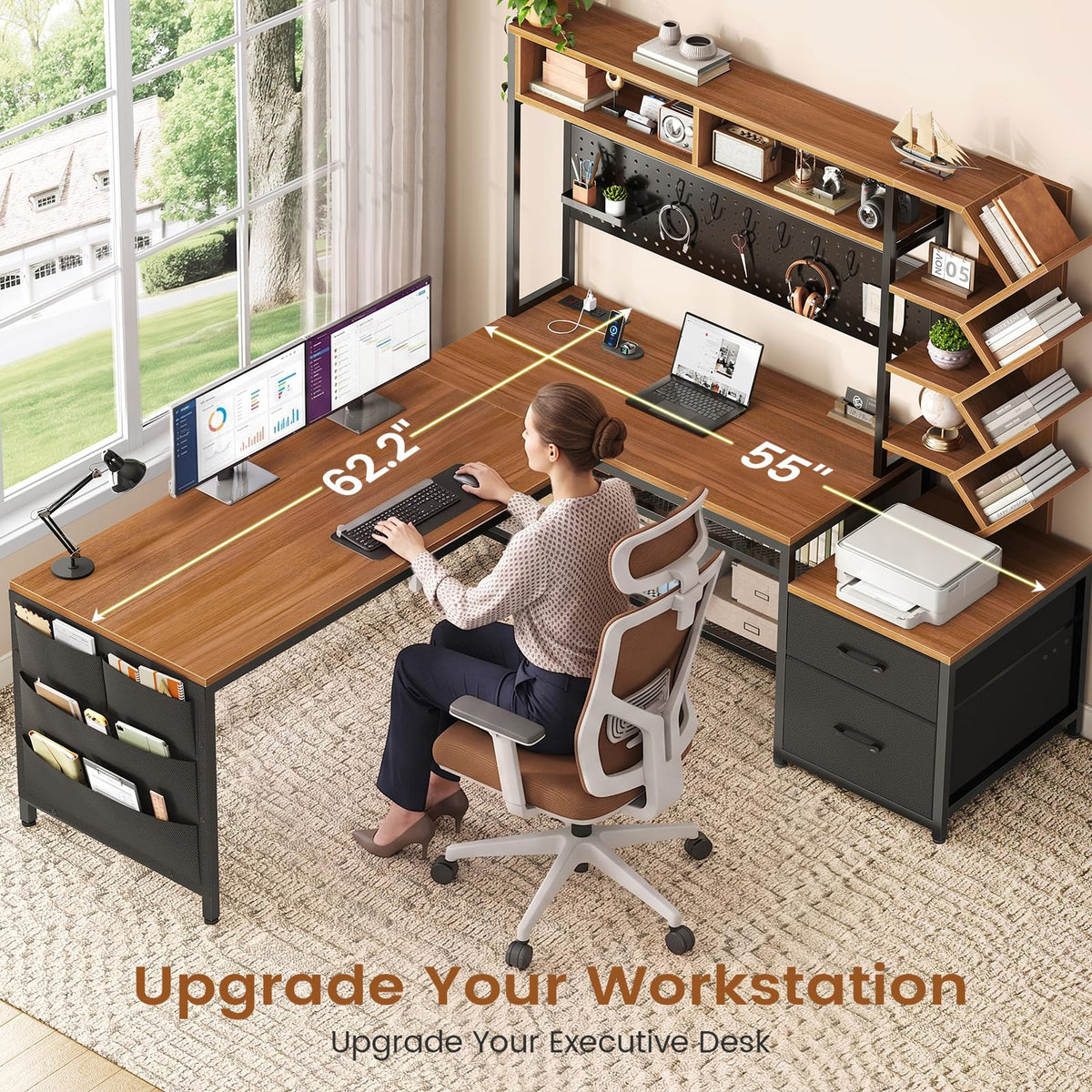 L Shaped Office Desk with Drawers and Hutch L3819