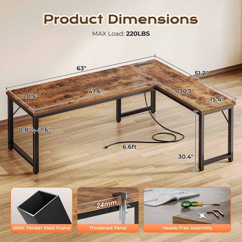 63 Inch L Shaped Desk with Power Outlets U665973